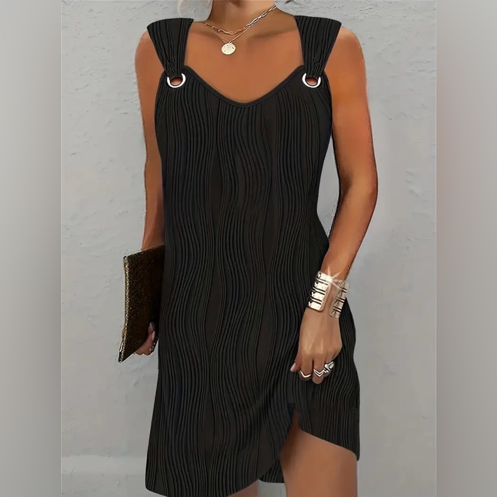 Elegant Black Sleeveless Dress Ring Detail Size L